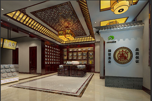 西夏古朴典雅的中式茶叶店大堂设计效果图